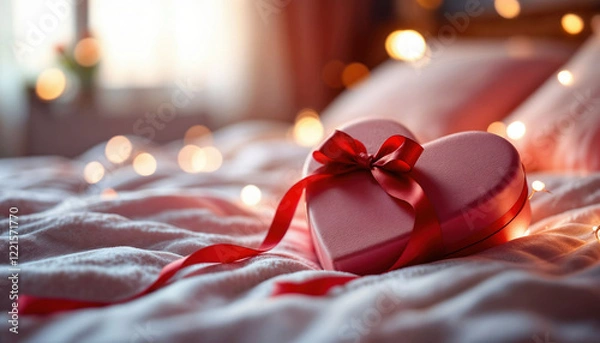 Fototapeta Red heart with a red ribbon is on a bed. The bed is covered in white sheets and pillows. The heart is placed on the bed in the center, surrounded by the pillows