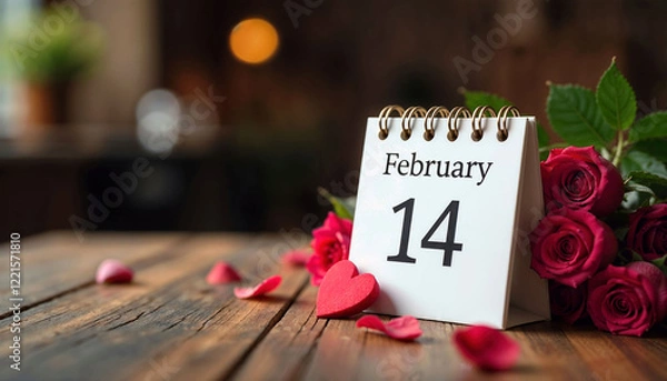 Fototapeta Calendar with the number 14 on it and a bunch of red roses on top. The roses are arranged in a way that they look like they are falling, giving the impression of a romantic Valentine's Day