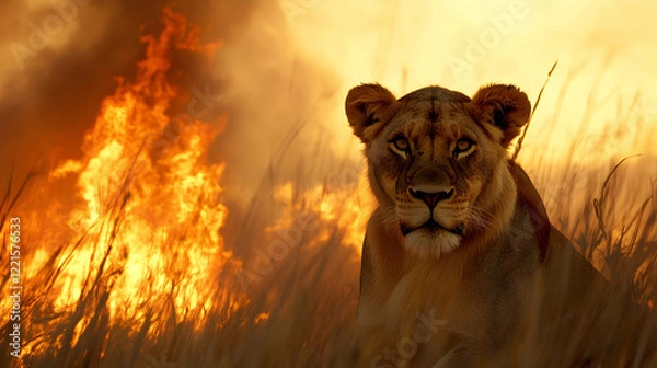 Fototapeta Majestic lion symbolizing fire and power in wildlife art