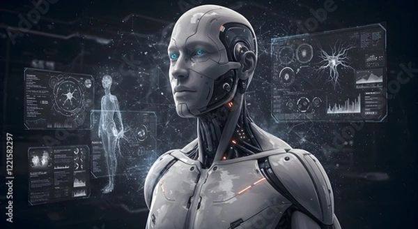 Fototapeta featuring a human figure partially merged with advanced technology. The figure has cybernetic enhancements, glowing circuits integrated into their body, and a sleek, metallic appearance.