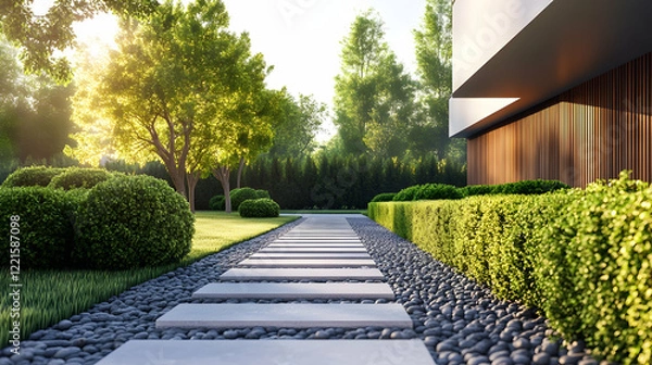 Obraz Minimalistic modern garden with geometric hedges and stone path for outdoor spaces