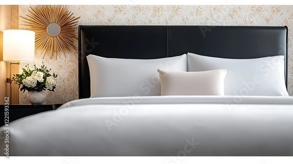 Fototapeta Luxurious hotel room bed, crisp linens, floral decor, calm background, ideal for travel brochures