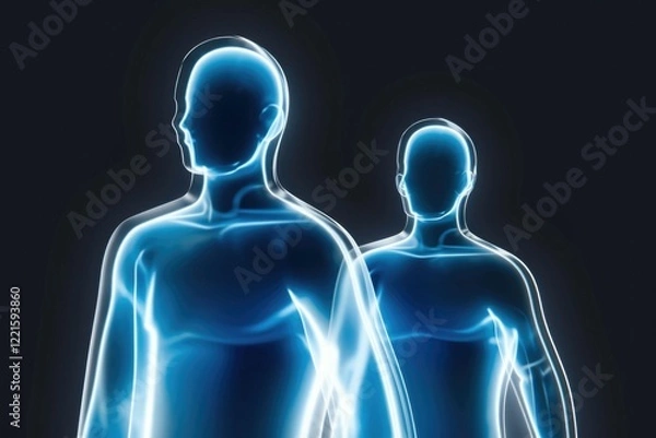 Fototapeta Abstract glowing blue human figures, possibly representing health, technology, or the human form.