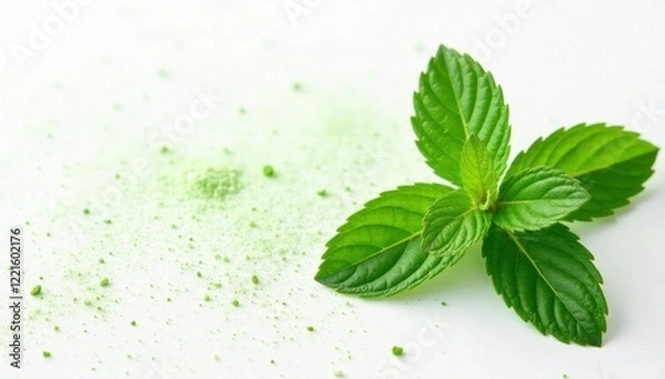 Fototapeta Herbal mint leaves isolated on white background with a subtle texture effect, powder, leafy