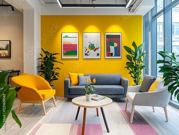 Fototapeta A modern, vibrant living room featuring a stylish gray sofa, cheerful yellow armchair, potted plants, and colorful artwork on the walls, creating a warm and inviting atmosphere.