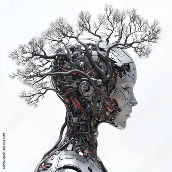 Fototapeta A surreal sculpture of a human face merging with a tree, representing nature, wisdom, and consciousness.