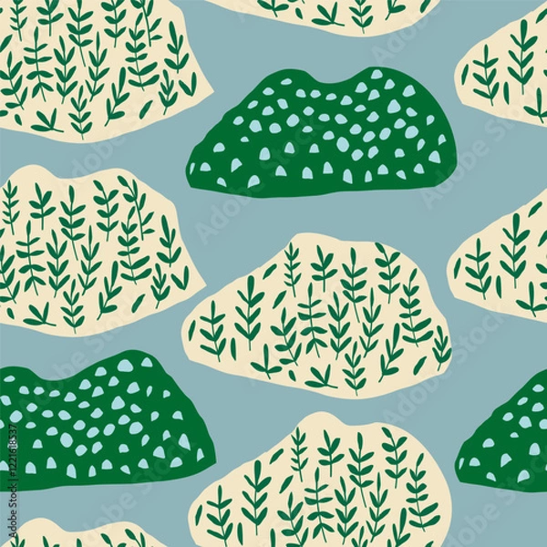 Fototapeta Abstract pattern featuring shapes, dots, and leaves on a pale blue background, resembling artistic mountains. Perfect for modern decor, textiles, wallpapers, and creative design projects. Vector