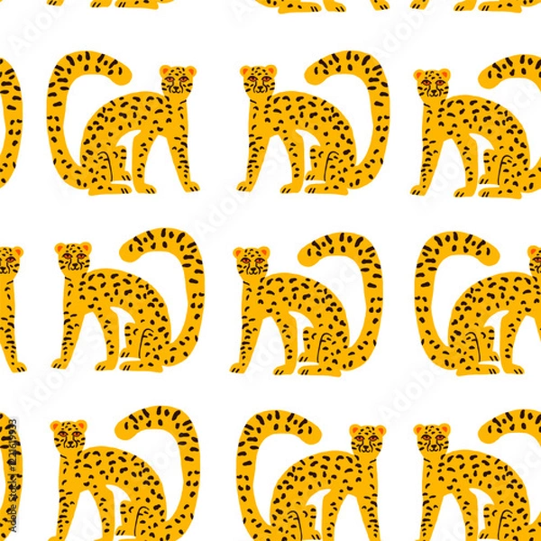 Fototapeta A stylish pattern featuring cute wildcats like tigers and leopards on a white background. Perfect for modern designs, fashion, textiles, and animal-themed projects with a trendy, playful vibe. Vector