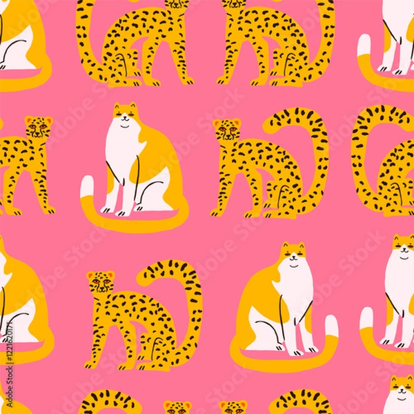 Fototapeta Seamless pattern featuring wild cats like tigers, leopards, and domestic cats on a soft pink background. Perfect for textiles, wallpapers, and creative designs with a playful yet stylish animal theme