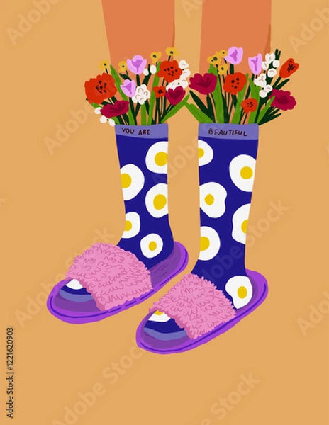 Fototapeta Trendy vertical illustration of legs in colorful socks with fried egg yolk patterns and flowers inside. Set on a sandy background with rays, perfect for postcards, Valentines Day, or creative designs