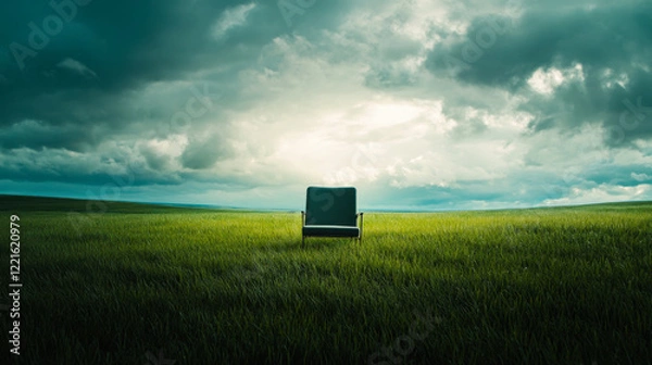 Fototapeta Empty armchair positioned in a serene green field under a cloudy sky during the day
