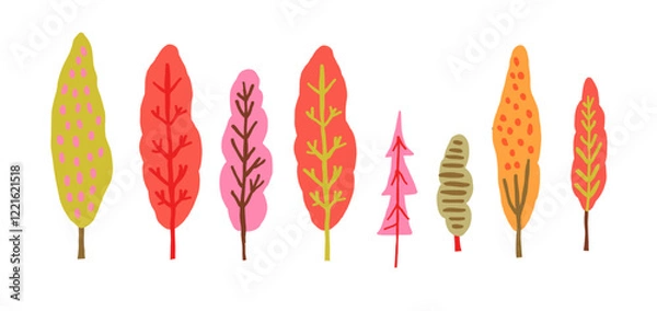 Fototapeta A collection of stylized trees in vibrant autumn colors, creating a horizontal forest scene. Perfect for fall-themed projects, clip art, seasonal designs, and nature-inspired illustration. Vector