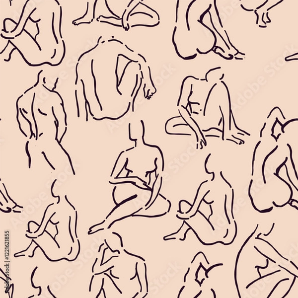 Fototapeta Seamless pattern featuring sketchy silhouettes of men and women in a Renaissance-inspired outline style on a beige background. Ideal for artistic projects, wallpapers, and fashion or decor designs
