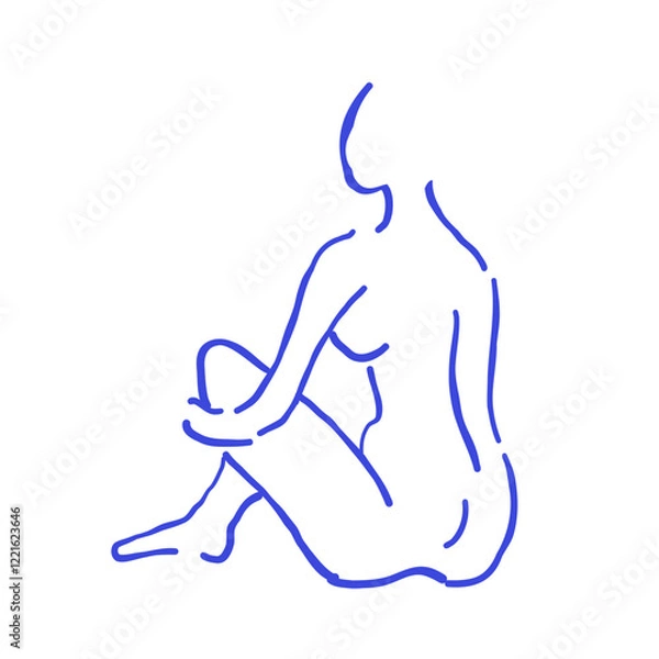 Fototapeta Elegant female silhouette sketch in trendy blue tones on a white background. A professional, minimalistic art piece perfect for modern decor, fashion projects, and stylish design collections. Vector
