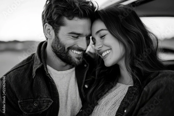 Obraz A beautiful black-and-white photo of a couple sharing a joyful moment, capturing their smiles and affection in a candid setting, radiating love and warmth in their expressions.