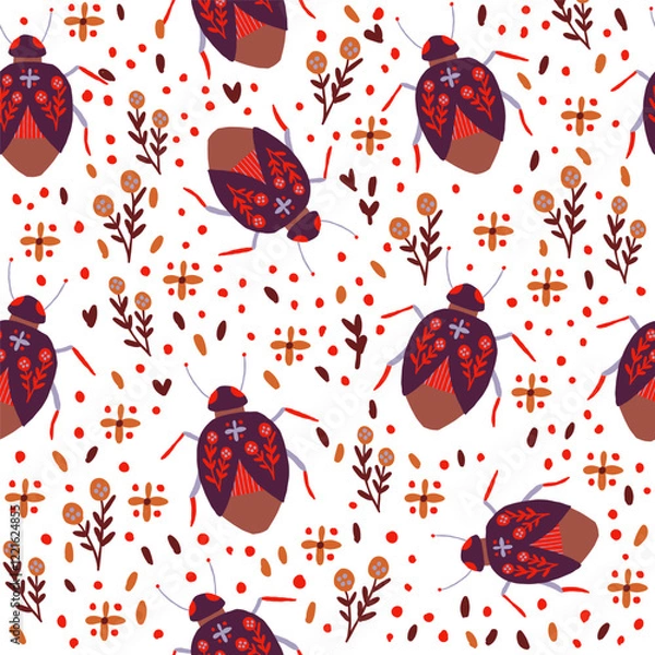 Fototapeta Playful vector pattern featuring red bugs, floral elements, and dotted accents on a whit background. Perfect for textiles, wallpapers, gift wrap, and creative designs with a bold, nature-inspired them