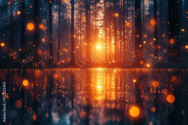 Obraz a magical forest in the evening light. The sun sets behind the trees, filling them with a warm golden-orange light. 