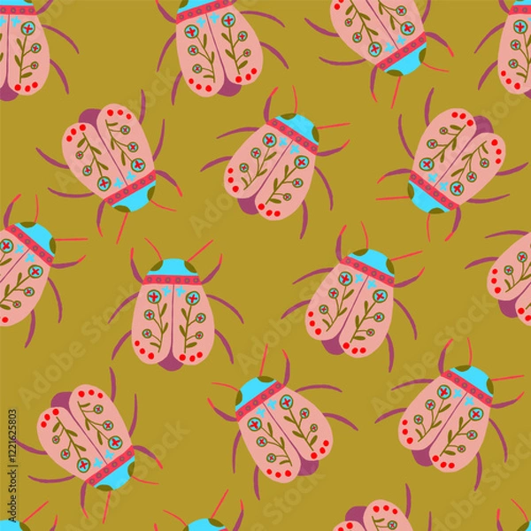 Fototapeta Stylish pattern featuring bugs with floral elements on a golden, yellow-green background. A complex and elegant design with folk art vibes, perfect for textiles, wallpapers, and creative projects