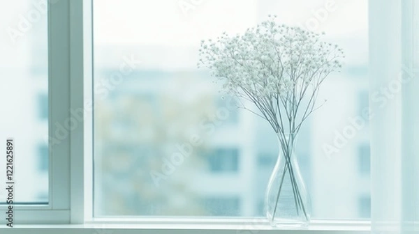 Fototapeta A vase filled with colorful flowers rests on a sunlit window sill, adding beauty to the room's decor.