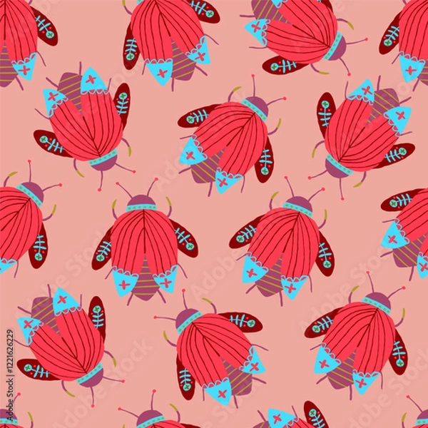 Fototapeta Stylish vector pattern featuring bugs with floral motifs on a pale pink background. The red-pink color palette and folk art influence make this design perfect for decorative projects and modern design
