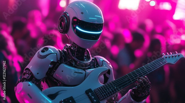 Fototapeta Robotic musician playing electric guitar on futuristic neon stage