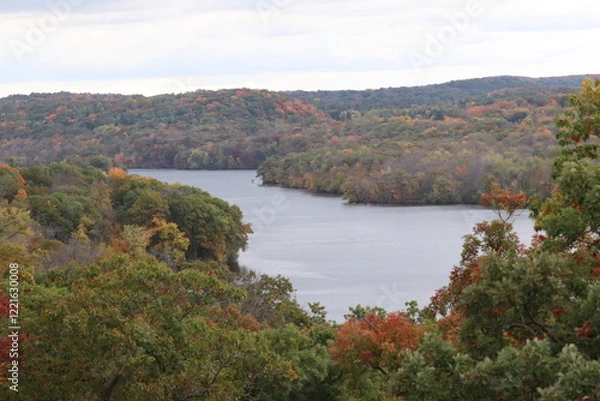 Fototapeta Autumn landscape with trees and lake near Interstate State Park in Taylors Falls, Minnesota. 