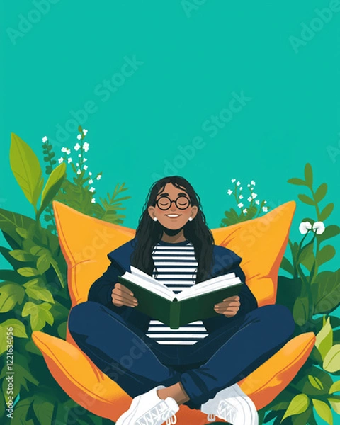 Fototapeta A young woman with glasses sits comfortably in a bright chair, reading a book surrounded by lush plants and a serene atmosphere