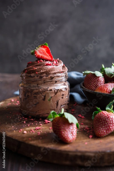 Fototapeta Chocolate mousse topped with fresh and freeze-dried strawberries