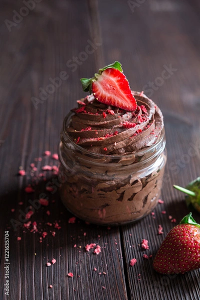 Fototapeta Chocolate mousse topped with fresh and freeze-dried strawberries