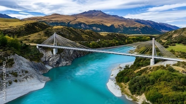 Fototapeta Stunning suspension bridge over turquoise river south island new zealand aerial view nature