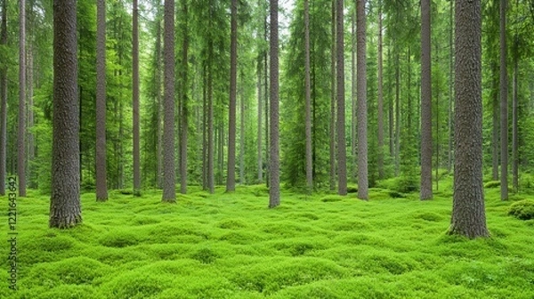 Fototapeta Serene nordic forest with vibrant green moss and towering pine trees