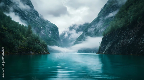 Fototapeta A photo image of a futuristic fjord with jagged mountainsides descending into turquoise water, surrounded by misty fog and lush foliage. Mystic Fjord. Illustration