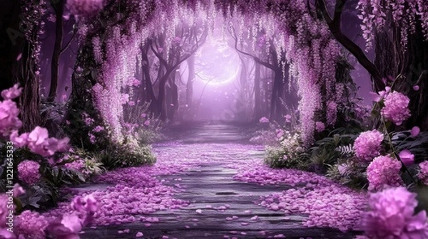 Obraz Enchanted purple pathway in mystical forest with blossoming wisteria arch at twilight
