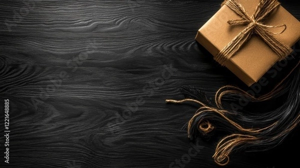 Obraz Elegant brown gift box with rustic twine on black wooden surface perfect for celebrations