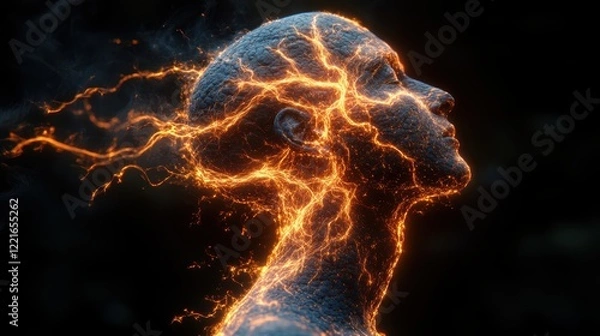 Fototapeta Abstract Glowing Human Head Profile Energy Sparks Fiery Digital Art Mystical