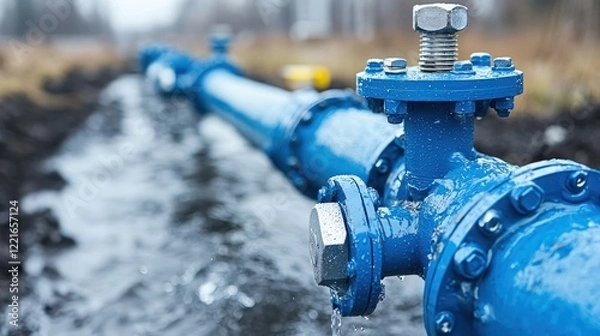 Obraz A close-up of a blue water pipeline with a valve, showing water flow in an industrial setting.