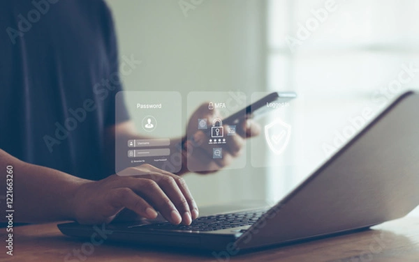 Fototapeta Smartphone protection with 2Fa, Multi Factor Authentication, Cybersecurity and privacy protect data. internet network security technology. Encrypted data. Personal online privacy. Cyber hacker threat.