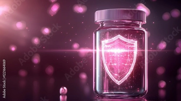 Fototapeta Supplement bottle with shield symbol, energy aura, immune protection theme