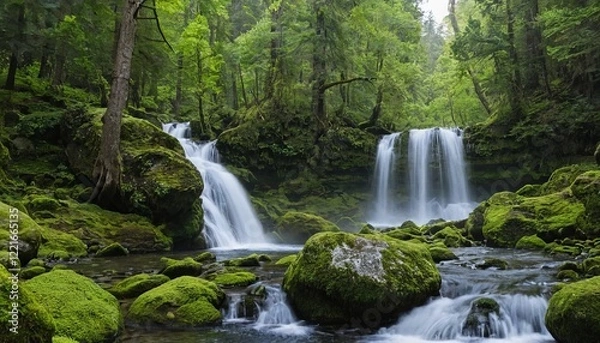 Fototapeta Tranquility in the Emerald Forest: A serene waterfall cascades over mossy boulders in a lush, verdant forest. The water flows with a gentle rhythm, creating a sense of peace and serenity. 