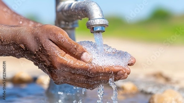 Fototapeta A person cupping hands to catch water from a faucet, symbolizing access to clean water.