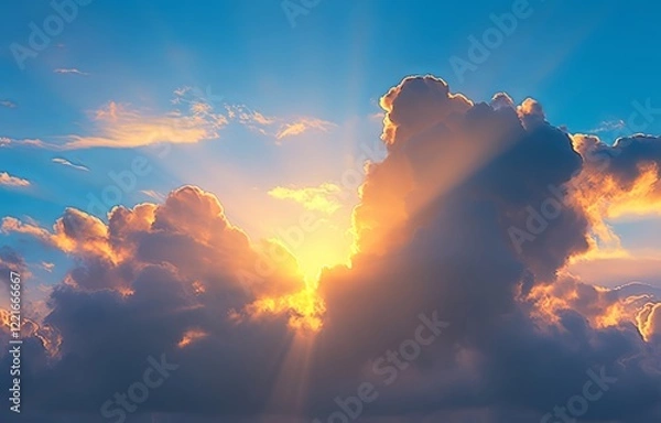 Fototapeta Sun Rays Shining Through Clouds, Beautiful Blue Sky Background, Nature's Light, Peaceful and Inspirational Scene