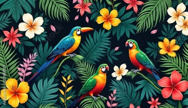 Fototapeta Tropical rainforest seamless pattern with vibrant birds, flowers. Colorful toucans, parrots perch on branches among foliage. Tropical flowers, plants create luxurious, natural design perfect for