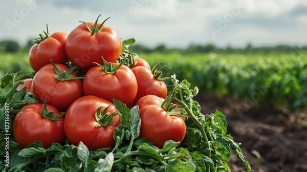 Obraz A pile of ripe tomatoes surrounded by green leaves in a field under a cloudy sky.