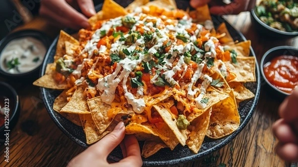 Fototapeta Close-up of loaded nachos with melted cheese, guacamole, and sour cream, shared among friends at a lively gathering.