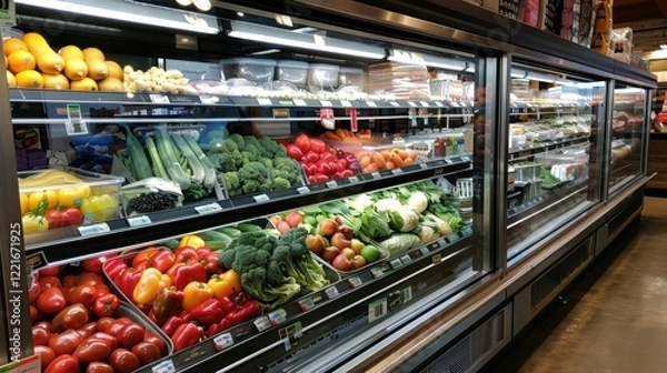 Obraz Refrigerated grocery display filled with fresh vegetables, fruits, and produce