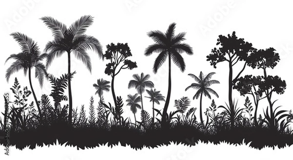 Fototapeta  silhouette vector illustration of a tropical rainforest, featuring trees and plants. 
