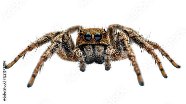 Fototapeta Jumping Spider Close-Up: A detailed macro shot reveals the intricate details of a jumping spider, its eight eyes gleaming, and hairy legs splayed. The vibrant colors and textures are sharply defined.