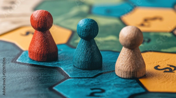 Obraz Colorful game pieces on a hexagonal board, suggesting a strategic board game with vibrant player tokens.