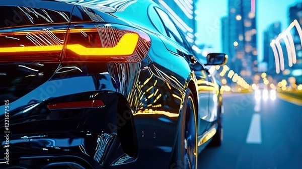 Fototapeta A sleek car parked on a city street, illuminated by vibrant city lights at dusk.
