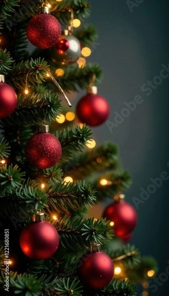 Fototapeta Christmas tree with ornaments and lights, merry, decorative balls, twinkling lights